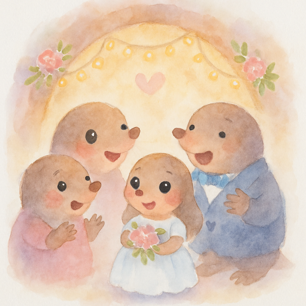 두더지 딸과 젊은 두더지가 결혼하고 가족 모두가 행복하게 모여 있는 장면